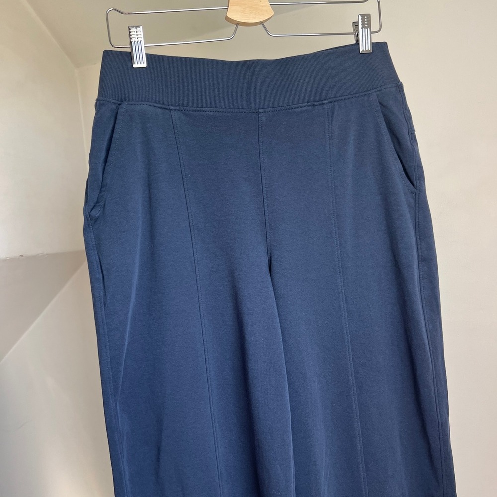 Pact Organic Airplane Pintuck Wide Leg Pants Navy Blue Cotton Cropped Medium - Picture 7 of 9